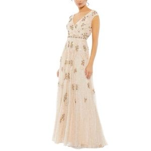 NWT Mac Duggal 93575 Blush Embellished Wrap Over Cap Sleeve A-Line Gown - Sz 12